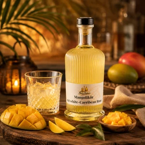 Main-Feines Eierlikör – cremiger Genusslikör für Dessertmomente Flasche Main-Feines Eierlikör mit eingeschenktem Glas, Eiern, Sahne und warmer Dessert-Genussstimmung