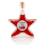 Granatapfel Likör in Sternflasche Geschenkflasche 200 ml – Frontansicht Sternflasche Geschenkflasche 200 ml gefüllt mit fruchtigem, aromatischem Granatapfellikör (20% Vol.), Frontansicht – ideales Weihnachtsgeschenk und Mitbringsel im Advent
