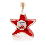 Granatapfel Likör Sternflasche Likörflasche 200 ml – Seitenansicht links Sternflasche Likörflasche mit fruchtigem, aromatischem Granatapfellikör, Seitenansicht links, klares Sternglas mit Facettenschliff
