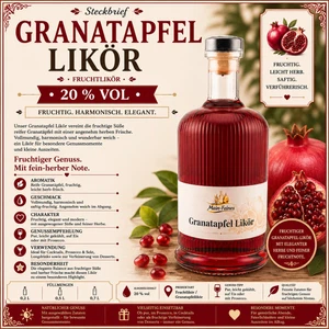 Steckbrief Premium Granatapfel Likör mit intensiver Fruchtnote Übersicht Granatapfel Likör von Main-Feines mit 20 Prozent Volumen in hochwertiger Glasflasche