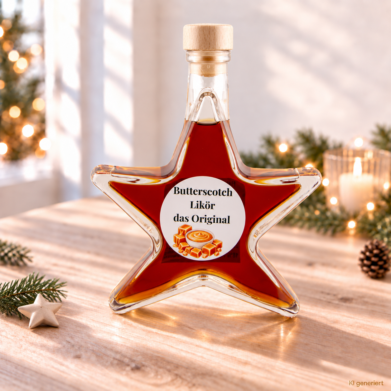 Butterscotch Likör das Original 18 % Vol. in weihnachtlicher Sternflasche Butterscotch Likör das Original 18 % Vol. in einer Sternflasche auf hellem Naturholz mit dezenter Weihnachtsdekoration und Kerzenlicht