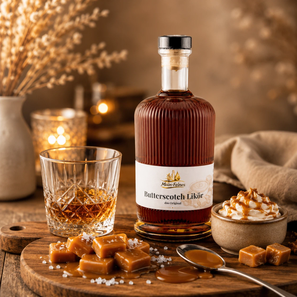 Main-Feines Butterscotch Likör Original – feiner Karamelllikör für besondere Genussmomente Flasche Main-Feines Butterscotch Likör Original mit eingeschenktem Glas, Karamell, Dessertcreme und warmer Genussstimmung