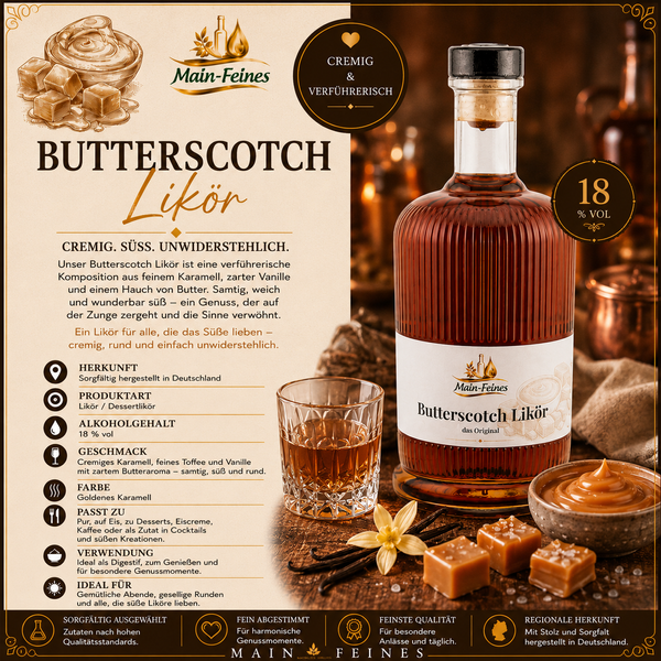 Butterscotch Likör das Original 18 % Vol. in weihnachtlicher Sternflasche Butterscotch Likör das Original 18 % Vol. in einer Sternflasche auf hellem Naturholz mit dezenter Weihnachtsdekoration und Kerzenlicht