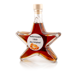 Butterscotch Likör Sternflasche Likörflasche 200 ml – Seitenansicht links Sternflasche Likörflasche mit cremigem Butterscotch Likör mit Karamell- und Toffee-Note, Seitenansicht links, klares Sternglas mit Facettenschliff