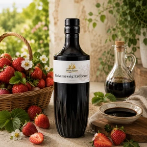 Main-Feines Balsamessig Erdbeere – fruchtiger Essig für feine Genussmomente Flasche Main-Feines Balsamessig Erdbeere mit frischen Erdbeeren, Essigschale und heller rustikaler Feinkost-Stimmung