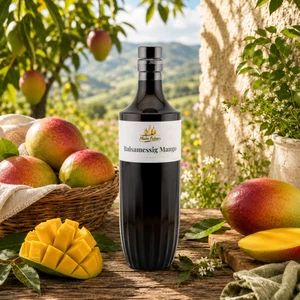 Main-Feines Balsamessig Mango – fruchtiger Essig für feine Genussmomente Flasche Main-Feines Balsamessig Mango mit frischer Mango, Essigschale und heller mediterraner Feinkost-Stimmung