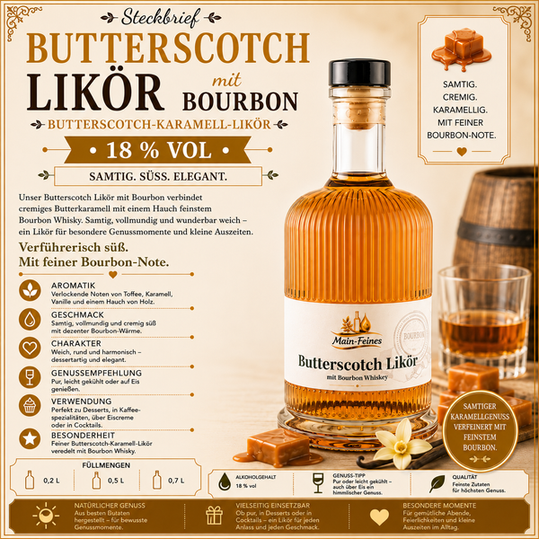 Butterscotch Bourbon Likör Sternflasche Weihnachtsflasche im festlichen Ambiente – Geschenkidee Sternflasche Weihnachtsflasche mit cremigem, würzigem Butterscotch Bourbon Likör in weihnachtlicher Deko-Szene mit Karamellbonbons und Holzfass-Dauben – perfekt als Adventsgeschenk, Mitbringsel oder Firmenpräsent