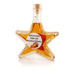 Butterscotch Bourbon Likör Sternflasche Likörflasche 200 ml – Seitenansicht links Sternflasche Likörflasche mit cremigem, würzigem Butterscotch Bourbon Likör, Seitenansicht links, klares Sternglas mit Facettenschliff