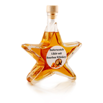 Butterscotch Bourbon Likör Sternflasche Likörflasche 200 ml – Seitenansicht rechts Sternflasche Likörflasche mit cremigem, würzigem Butterscotch Bourbon Likör, Seitenansicht rechts, auffällige Sternform aus stabilem Klarglas