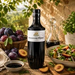 Main-Feines Balsamessig Pflaume – fruchtiger Essig für Salate und feine Küche Flasche Main-Feines Balsamessig Pflaume mit frischen Pflaumen, Essigschale und Salat in heller rustikaler Feinkost-Stimmung