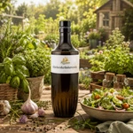 Main-Feines Küchenkräuteressig – würziger Essig mit Kräutern für Salate und Küche Flasche Main-Feines Küchenkräuteressig mit frischen Küchenkräutern, Knoblauch, Salat und Garten im Hintergrund