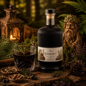Main-Feines Waldschrat Kräuterlikör – würziger Genuss aus Kräutern und Waldaromen Flasche Main-Feines Waldschrat Kräuterlikör mit eingeschenktem Glas, Kräutern, Walddekoration und warmer Genussstimmung