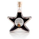 Feuertopf Likör in Sternflasche Geschenkflasche 200 ml – Frontansicht Sternflasche Geschenkflasche 200 ml gefüllt mit fruchtigem Feuertopf-Likör mit roten Beeren und winterlicher Würze (18% Vol.), Frontansicht – ideales Weihnachtsgeschenk und Mitbringsel im Advent
