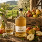 Flasche Main-Feines Streuobstler mit Glas, Äpfeln, Birnen und ländlicher Streuobstwiesen-Stimmung
