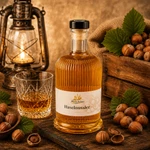 Main-Feines Haselnussler – edle Spirituose mit feiner Haselnussnote Flasche Main-Feines Haselnussler mit eingeschenktem Glas, Haselnüssen, Nussblättern und warmer Genussstimmung