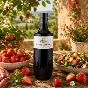 Main-Feines Creme Erdbeer – fruchtige Essigcreme für Salate und feine Küche Flasche Main-Feines Creme Erdbeer mit frischen Erdbeeren, Erdbeerpflanze und Salat in heller sommerlicher Feinkost-Stimmung