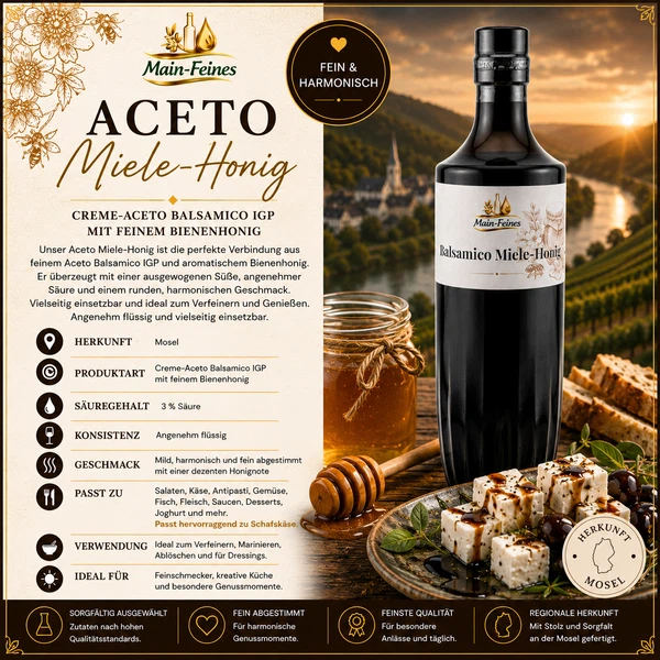 Sternflasche Feinkost-Geschenkflasche mit cremigem Aceto Balsamico IGP mit feinem Bienenhonig (3% Säure) in weihnachtlicher Deko-Szene mit Honigwaben und einem Holzlöffel – perfekt als Feinkost-Geschenk, Mitbringsel oder Firmenpräsent für Genießer