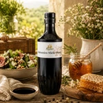 Flasche Main-Feines Balsamico Miele-Honig mit Honigglas, Honigwabe, Essigschale und Salat in heller rustikaler Feinkost-Stimmung
