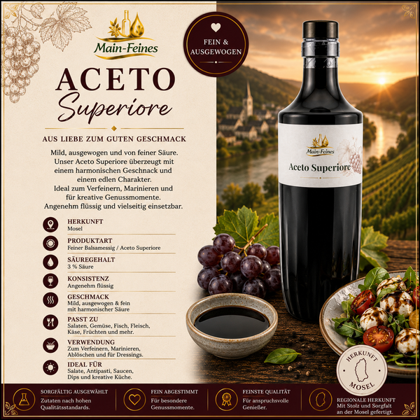 Sternflasche Feinkost-Geschenkflasche mit sämigem Aceto Balsamico Superiore (3% Säure) in weihnachtlicher Deko-Szene mit frischem Rosmarin und Weintrauben – perfekt als Feinkost-Geschenk, Mitbringsel oder Firmenpräsent für Genießer