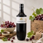 Main-Feines Bio Rotwein Essig in dunkler Glasflasche mit roten Trauben und Weinlaub