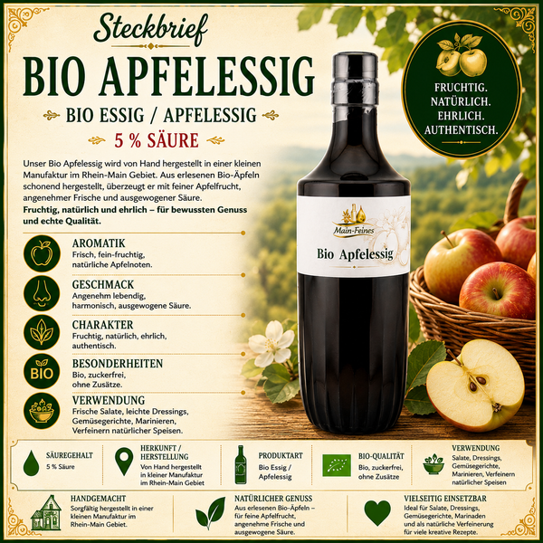 Flasche Main-Feines Bio Apfelessig mit frischen Äpfeln, handgemachten Bio-Details und dezentem hellem Hintergrund