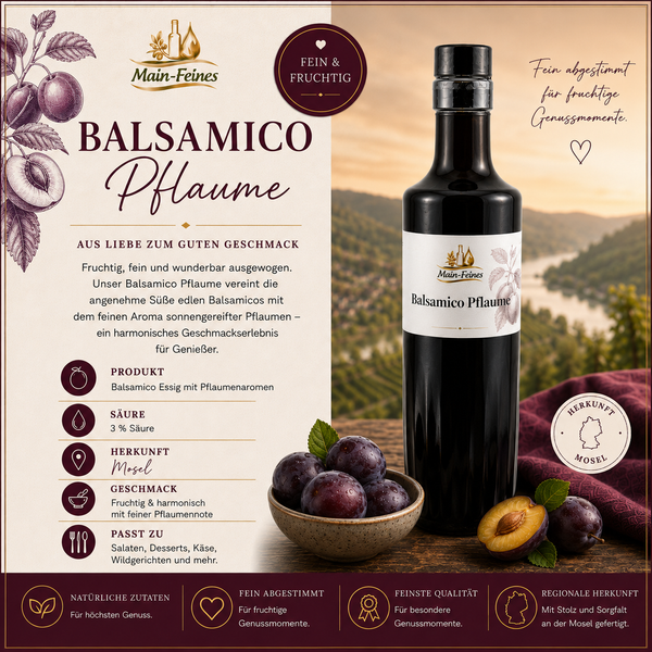 Sternflasche Feinkost-Geschenkflasche mit fruchtigem Pflaumen-Balsamessig (3% Säure) in weihnachtlicher Deko-Szene mit frischen Pflaumen und Zimtstangen – perfekt als Feinkost-Geschenk, Mitbringsel oder Firmenpräsent für Genießer