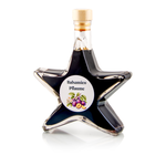Balsamico Pflaume Sternflasche Essigflasche 200 ml – Seitenansicht links Sternflasche Essigflasche mit fruchtigem Pflaumen-Balsamessig (3% Säure), Seitenansicht links, klares Sternglas mit Facettenschliff