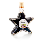 Balsamico Pflaume Sternflasche Essigflasche 200 ml – Seitenansicht rechts Sternflasche Essigflasche mit fruchtigem Pflaumen-Balsamessig (3% Säure), Seitenansicht rechts, auffällige Sternform aus stabilem Klarglas