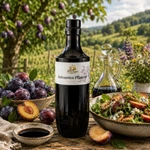 Flasche Main-Feines Balsamico Pflaume mit frischen Pflaumen, Essigschale und Salat in heller rustikaler Feinkost-Stimmung