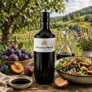Main-Feines Balsamico Pflaume – fruchtiger Essig für Salate und feine Küche Flasche Main-Feines Balsamico Pflaume mit frischen Pflaumen, Essigschale und Salat in heller rustikaler Feinkost-Stimmung