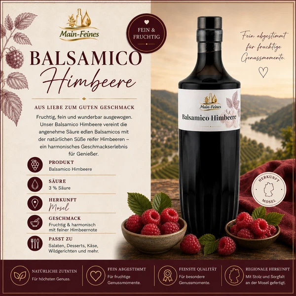 Sternflasche Feinkost-Geschenkflasche mit fruchtigem Himbeer-Balsamessig (3% Säure) in weihnachtlicher Deko-Szene mit frischen Himbeeren und Minzblättern – perfekt als Feinkost-Geschenk, Mitbringsel oder Firmenpräsent für Genießer