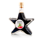 Balsamico Himbeer Sternflasche Essigflasche 200 ml – Seitenansicht links Sternflasche Essigflasche mit fruchtigem Himbeer-Balsamessig (3% Säure), Seitenansicht links, klares Sternglas mit Facettenschliff
