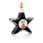 Balsamico Himbeer Sternflasche Essigflasche 200 ml – Seitenansicht rechts Sternflasche Essigflasche mit fruchtigem Himbeer-Balsamessig (3% Säure), Seitenansicht rechts, auffällige Sternform aus stabilem Klarglas