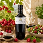 Flasche Main-Feines Balsamico Himbeere mit frischen Himbeeren, Essigschale und Salat in heller rustikaler Feinkost-Stimmung