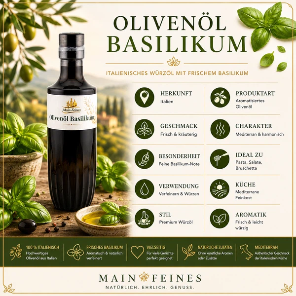 Kaltgepresstes Premium Olivenöl Basilikum extra vergine aus Italien von Main-Feines