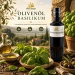 Stimmungsbild mit Premium Olivenöl Basilikum extra vergine aus Apulien und frischem Basilikum