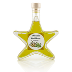 Olivenöl Basilikum in Sternflasche Geschenkflasche 200 ml – Frontansicht Sternflasche Geschenkflasche 200 ml gefüllt mit italienischem Olivenöl mit frischem Basilikum, Frontansicht – ideales Weihnachtsgeschenk und Mitbringsel im Advent