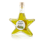 Olivenöl Basilikum Sternflasche Ölflasche 200 ml – Seitenansicht links Sternflasche Ölflasche mit italienischem Olivenöl mit frischem Basilikum, Seitenansicht links, klares Sternglas mit Facettenschliff