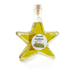 Olivenöl Basilikum Sternflasche Ölflasche 200 ml – Seitenansicht rechts Sternflasche Ölflasche mit italienischem Olivenöl mit frischem Basilikum, Seitenansicht rechts, auffällige Sternform aus stabilem Klarglas