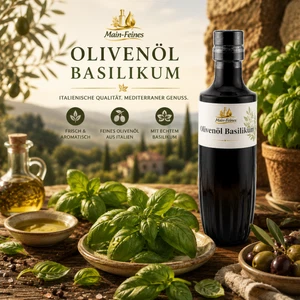 Premium Olivenöl Basilikum extra vergine aus Apulien Stimmungsbild mit Premium Olivenöl Basilikum extra vergine aus Apulien und frischem Basilikum