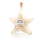 Marzipan Sahnelikör Sternflasche Likörflasche 200 ml – Seitenansicht links Sternflasche Likörflasche mit cremigem, mandeligem Marzipan-Sahnelikör, Seitenansicht links, klares Sternglas mit Facettenschliff