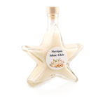 Marzipan Sahnelikör Sternflasche weihnachtsflasche Likörflasche 200 ml – Seitenansicht rechts Sternflasche Likörflasche mit cremigem, mandeligem Marzipan-Sahnelikör, Seitenansicht rechts, auffällige Sternform aus stabilem Klarglas