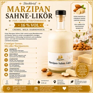Zusammenfassung Premium Marzipan Likör mit 16 % Vol. Steckbrief für Sahnelikör mit feiner Marzipan- und Mandelnote