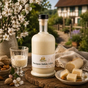 Main-Feines Marzipan-Sahne-Likör – cremiger Genuss mit feiner Mandel- und Marzipannote Flasche Main-Feines Marzipan-Sahne-Likör mit eingeschenktem Glas, Mandeln, Marzipan und ländlicher Genussstimmung