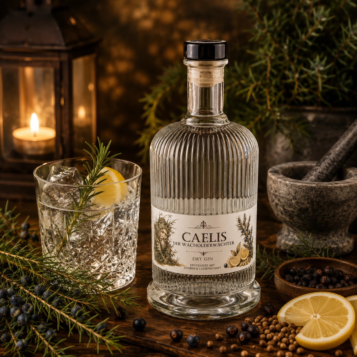 Main-Feines Caelis Dry Gin – Der Wacholderwächter mit Wacholder und Zitrus Flasche Main-Feines Caelis Dry Gin Der Wacholderwächter mit Gin-Glas, Wacholderbeeren, Zitrone und rustikaler Barstimmung