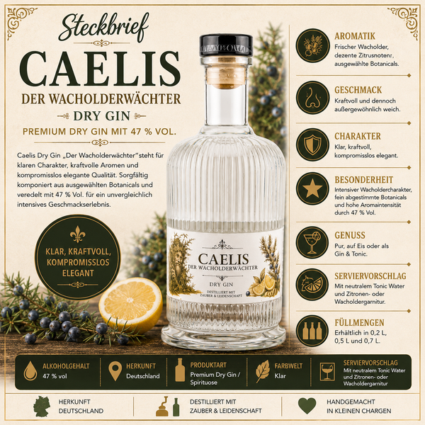 Main-Feines Caelis Dry Gin – Der Wacholderwächter mit Wacholder und Zitrus Flasche Main-Feines Caelis Dry Gin Der Wacholderwächter mit Gin-Glas, Wacholderbeeren, Zitrone und rustikaler Barstimmung