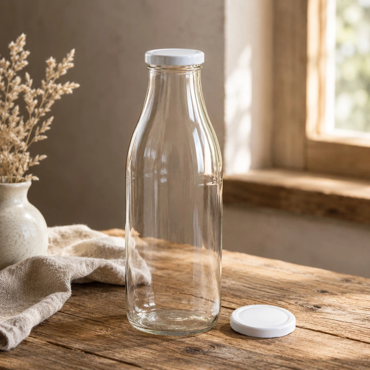 Main-Feines 1-Liter-Milchflasche aus Glas mit weißem Deckel Leere 1-Liter-Milchflasche aus Glas von Main-Feines mit weißem Deckel und zusätzlichem Deckel auf einem Holztisch.
