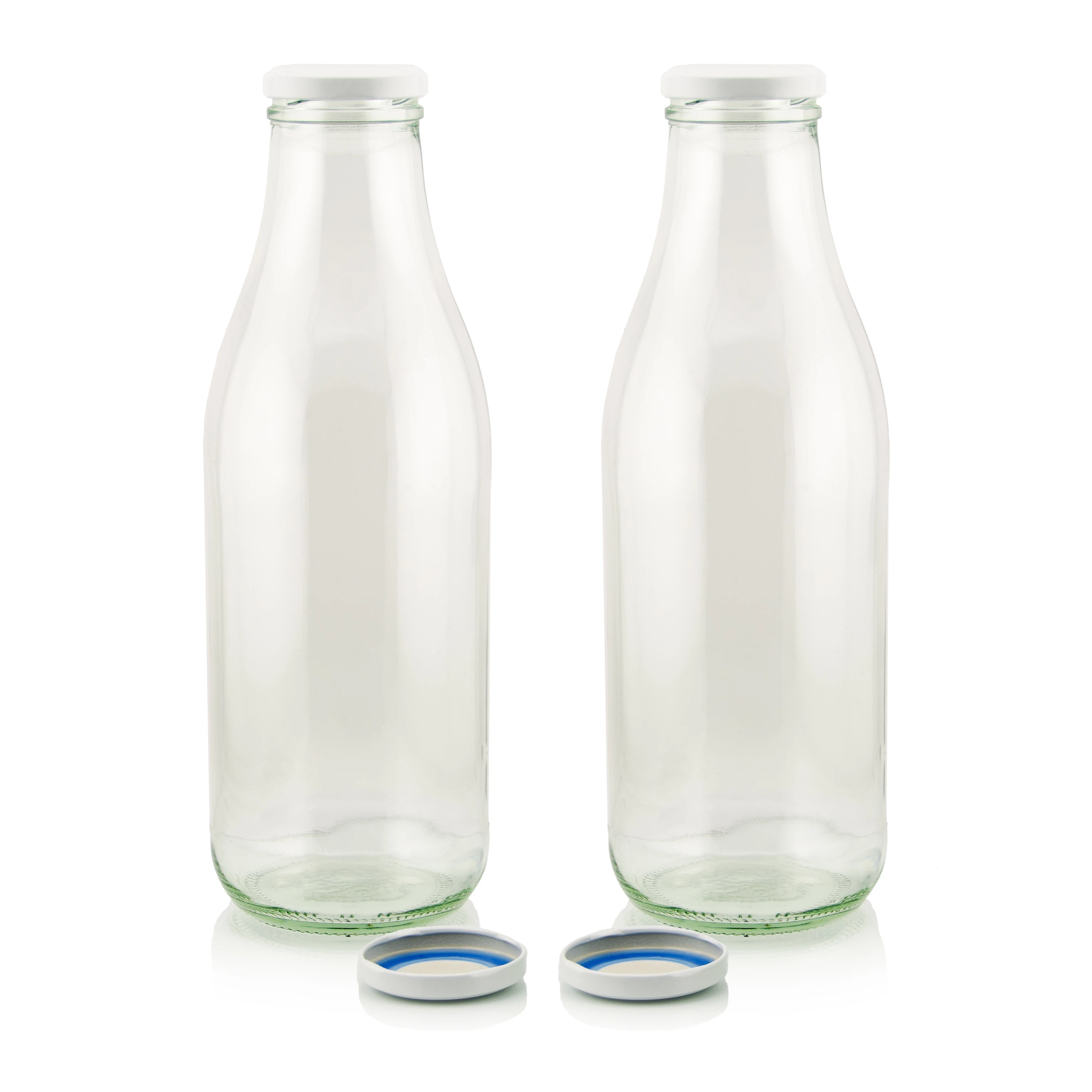 Hochwertige Milchflaschen 1 Liter aus Glas transparent mit 2, 4, 6 oder 9 Flaschen & Ersatzdeckel weiss im Set