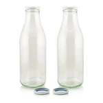 Zwei wiederverwendbare 1-Liter-Milchflaschen aus Klarglas mit weißen Deckeln und Ersatzdeckeln