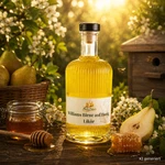 Williams Birne auf Honig Likör mit Birne und Honig Stimmungsbild mit Williams Birne auf Honig Likör, Birnen und Honig
